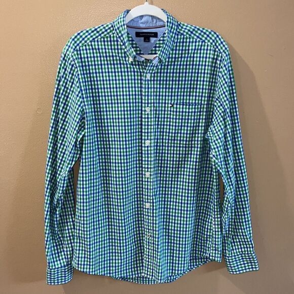Tommy Hilfiger Men’s M Summer check blue green and white button down shirt - Picture 10 of 16